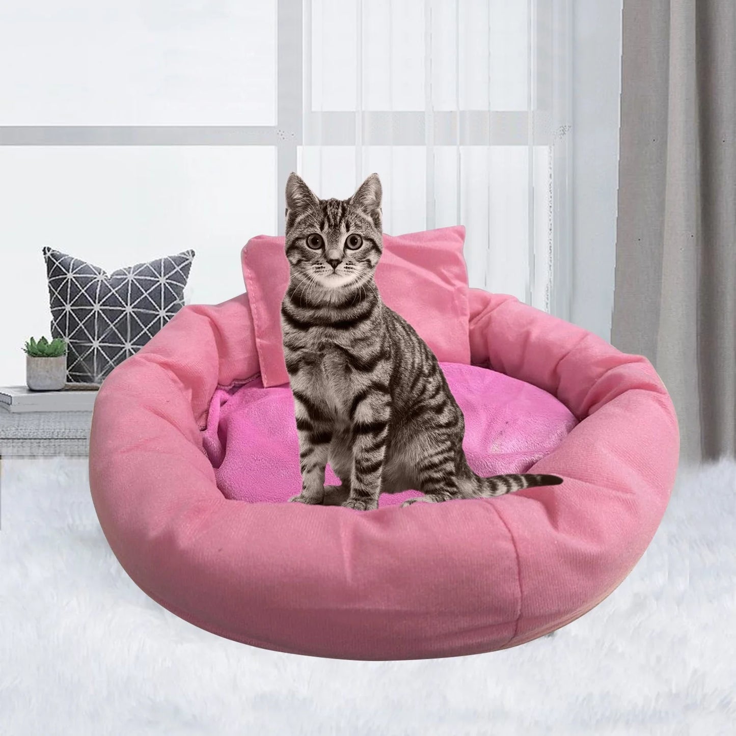 Calming Cat Beds with Pillow for Small Medium Dogs and Cats, round Dog Puppy Cuddler Cozy Bed, Washable Fluffy Plush Pet Bed Thickened Dog Kennel Mat for Puppy Sleeping, M 45CM
