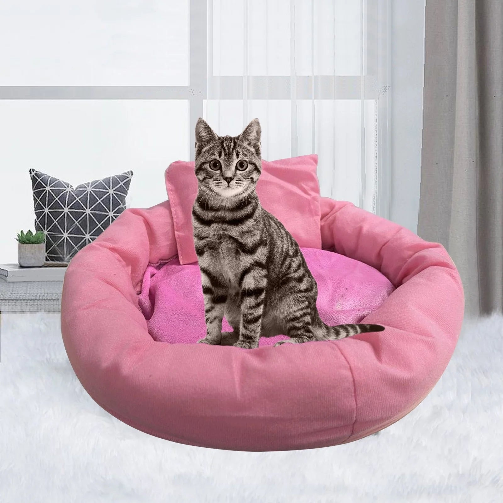 Calming Cat Beds with Pillow for Small Medium Dogs and Cats, round Dog Puppy Cuddler Cozy Bed, Washable Fluffy Plush Pet Bed Thickened Dog Kennel Mat for Puppy Sleeping, M 45CM